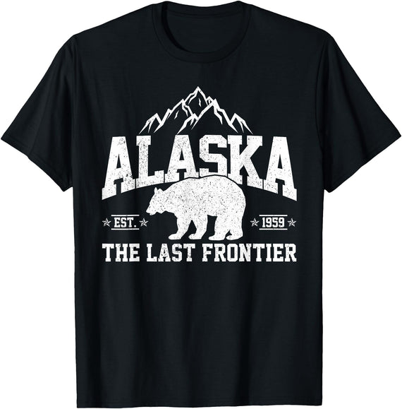 We Love Alaska - T-Shirts & Souvenirs Alaska The Last Frontier EST 1959 Grizzly Bear Mountains T-Shirt - Black