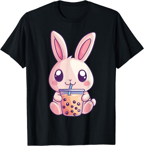 Kawaii Bunny Rabbit Boba Tea Anime Cute Easter Graphic T-Shirt in Black