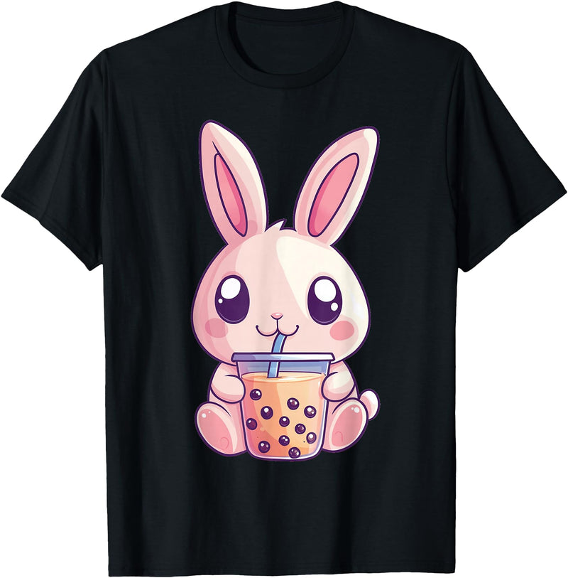 Kawaii Bunny Rabbit Boba Tea Anime Cute Easter Graphic T-Shirt in Black