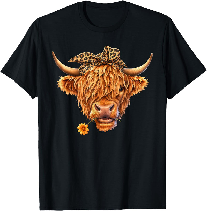 Highland Cow Lover Western Cowgirl Cowboy Farmer Cute Highland Cow Leopard Bow Bandana Western Cowboy Cowgirl T-Shirt - Black