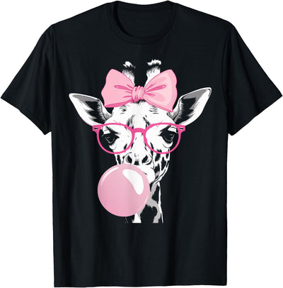 Giraffe Wearing Glasses and Blowing Pink Bubble Gum T-Shirt