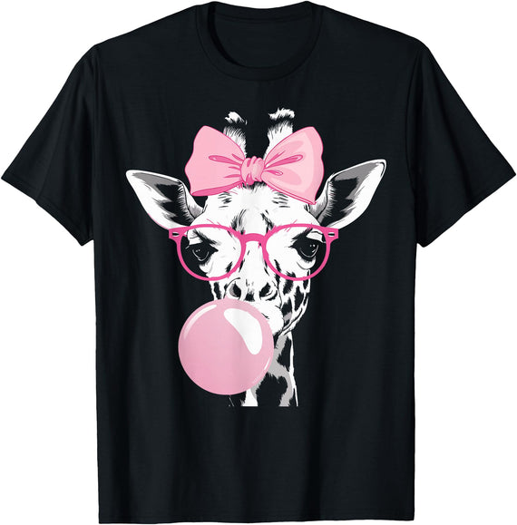 Giraffe Bubblegum Giraffe Wearing Glasses and Blowing Pink Bubble Gum T-Shirt - Black