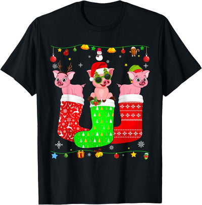 Three Pig In Christmas Socks Matching Xmas Pajama T-Shirt