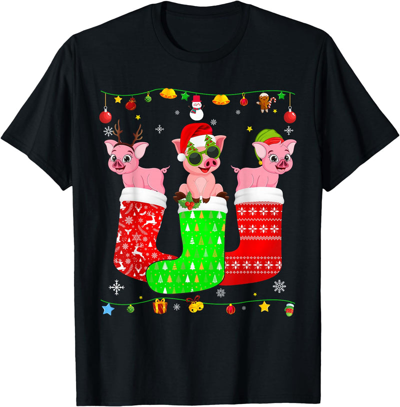 Christmas Pajama Top Matching Outfit Co Three Pig In Christmas Socks Matching Xmas Pajama T-Shirt - Black