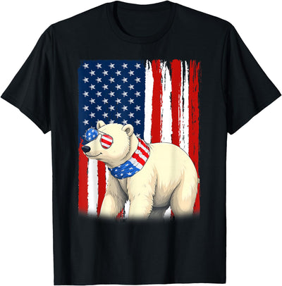 Polar Bear US America Flag Men Women 4th of July Patriotic T-Shirt