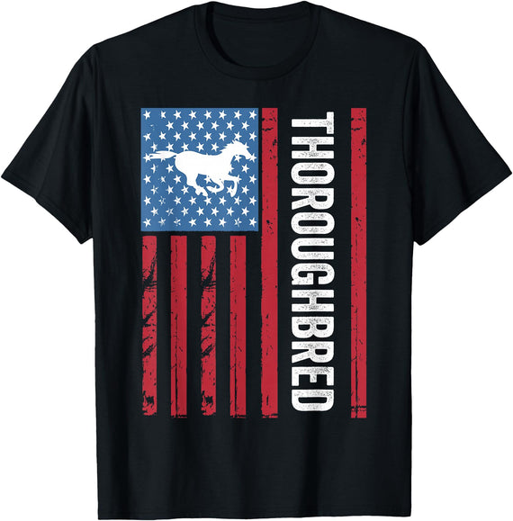 Thoroughbred by AKH Thoroughbred Horse with American Flag, OTTB, Thoroughbred T-Shirt - Black