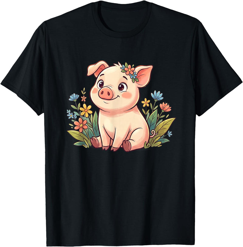 Cute Farm Piglet With Wildflowers Pastel Kawaii Baby Pig Surrounded by Colorful Flowers T-Shirt - Black