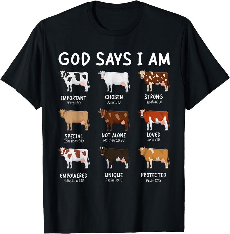 God Says I Am Christian Bible Verse Apparel God Says I Am Cute Heifer Cow Bible Verse Christian T-Shirt - Black
