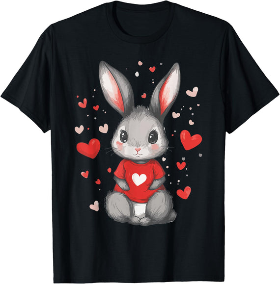 Rabbit Lover Heart Girls Valentine’s Day Women Bunny T-Shirt in Black