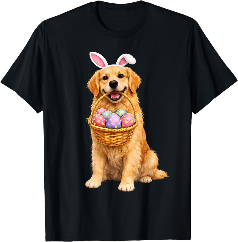 Golden Retriever Bunny Ears Eggs Cute Easter Dogs T-Shirt in Black