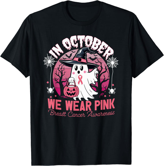 Show Your Support Breast Cancer Awareness Month in October We Wear Pink Breast Cancer Awareness Halloween T-Shirt - Black