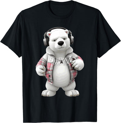 Cool Polar Bear Headphones Plaid Jacket Design T-Shirt