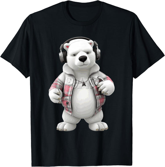 Arctic Beats Designs Cool Polar Bear Headphones Plaid Jacket Design T-Shirt - As Pictured