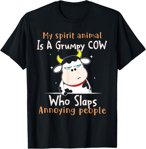 Funny My Spirit Animal Is A Grumpy Cow Tee Shirt My Spirit Animal Is A Grumpy Cow Who Slaps Annoying People T-Shirt - Black