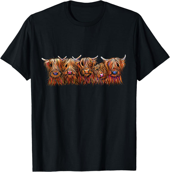 SHiRLeY MacARTHuR SCoTTISH HiGHLaND CoWS ' The HaiRY BuNCH oF Coos ' T-Shirt T-Shirt - Black