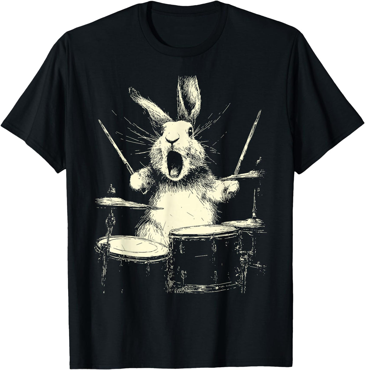 Cute Rabbit Playing Drums Funny Music Animal Drummer Graphic T-Shirt in Black