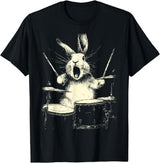 Cute Rabbit Playing Drums Funny Music Animal Drummer Graphic T-Shirt in Black