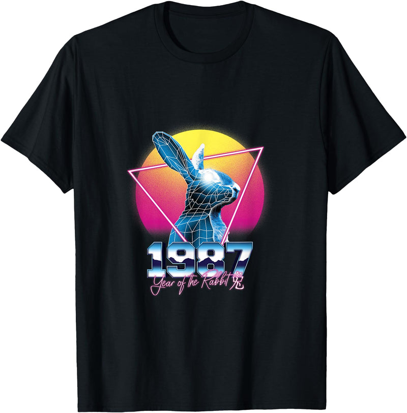 Chinese Year of Rabbit 1987 Birthday Zodiac Retrowave Retro T-Shirt in Black
