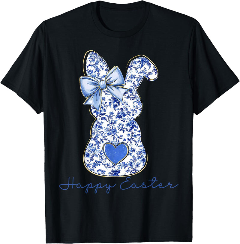 Happy Easter Chinoiserie Floral Bunny Cute Blue Bow Coquette T-Shirt in Black