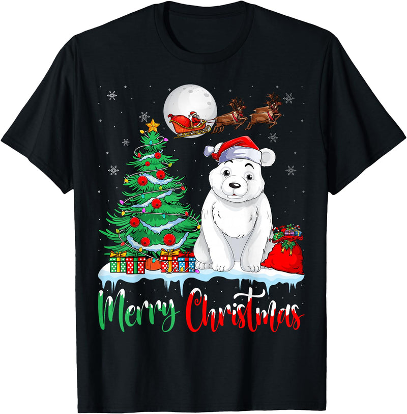 Polar Bear Lover Christmas Gifts T Shirts Polar Bear Wearing Santa Hat Xmas Merry Christmas Polar Bear T-Shirt - Black