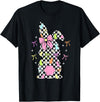 Funny Bunny Checkered Coquette Bow Rabbit Eggs Easter Retro T-Shirt in Black