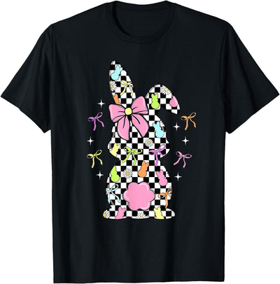 Checkered Bunny Silhouette with Pastel Bows T-Shirt