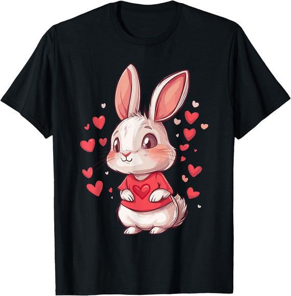 Rabbit Hearts Girls Love Women Kids Heart Bunny T-Shirt in Black