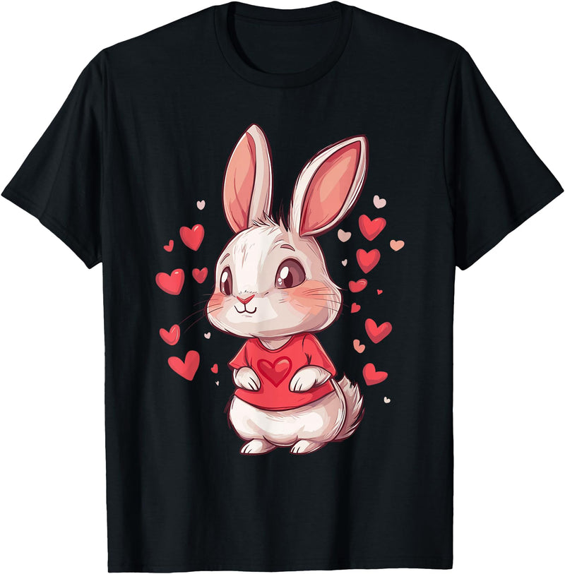 Rabbit Hearts Girls Love Women Kids Heart Bunny T-Shirt in Black