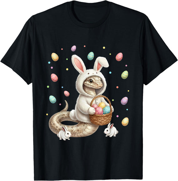 Cute Easter Bunny Rabbit with Eggs Whimsical Snake Design T-Shirt in Black