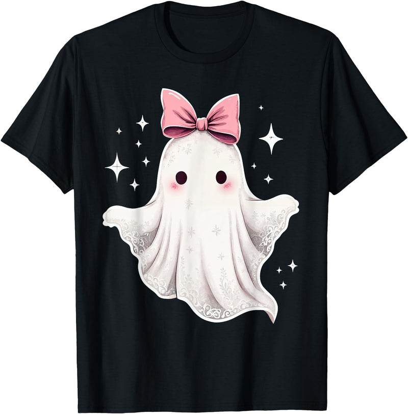 Halloween Ghost Coquette Bow Tee Ghost Coquette Bow Halloween Kawaii Girls Women Spooky T-Shirt - Black