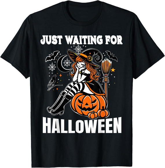 Boo Trick R Treat Halloween Costumes Kids Women Just Waiting on Halloween Witch Halloween Decorations Tee T-Shirt - Black