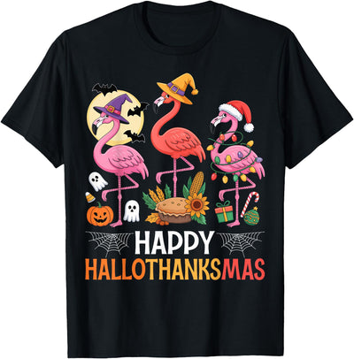 Hallothanksmas Flamingo Gifts Co. Happy Hallothanksmas Xmas Halloween Thanksgiving Flamingo T-Shirt