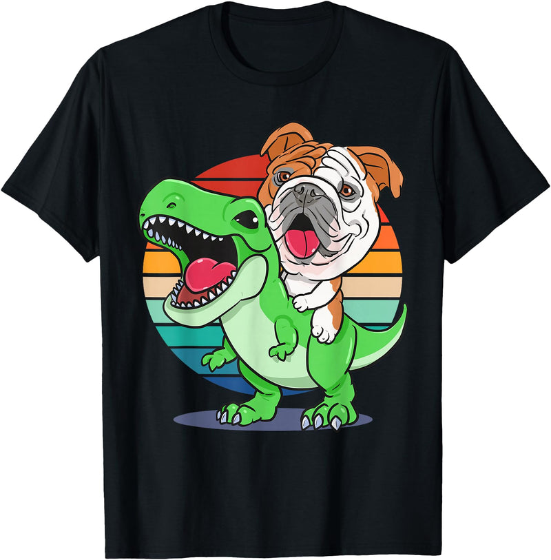 English Bulldog Funny Dinosaur Kids Mom Gift Tees Funny English Bulldog Riding Cute T-Rex Dinosaur Dog Mom T-Shirt - Black