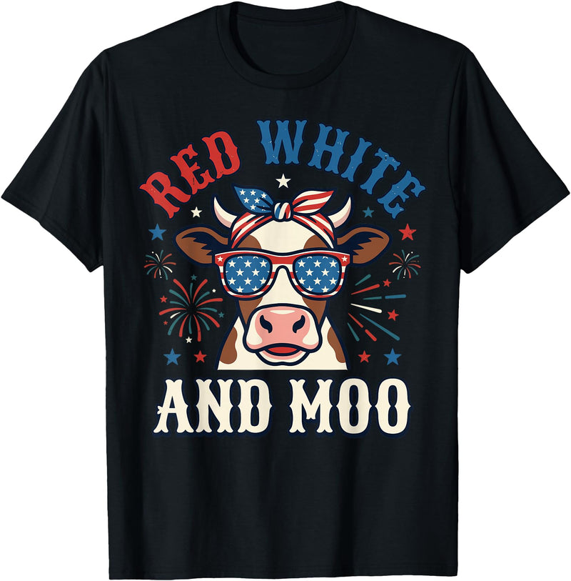 Patriotic Farm Cow Independence Day Red White and Moo Patriotic USA Flag Cow 4th of July T-Shirt - Black