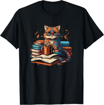 Cat Enjoy Read Books Cat-Themed T-Shirt - Women's Unisex Classic Fit Crew Neck Short Sleeve Black Small
