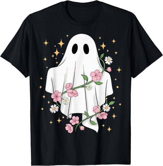 Halloween Ghost Lovers Cute Ghost with Flowers Halloween T-Shirt - Black