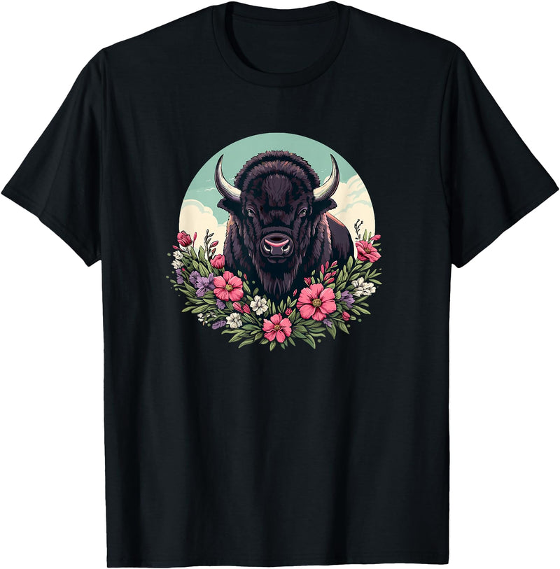 Wild Plains Buffalo Bison Gifts T Shirts & Hoodies Womens Girls Old West Retro Vintage Floral Buffalo Lover T-Shirt - Black