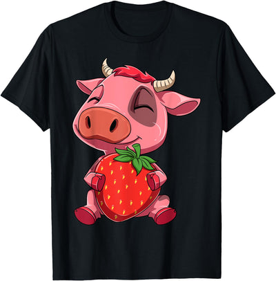 Cow with Strawberry Cute Pink Cow and Strawberry Cow Hugging T-Shirt