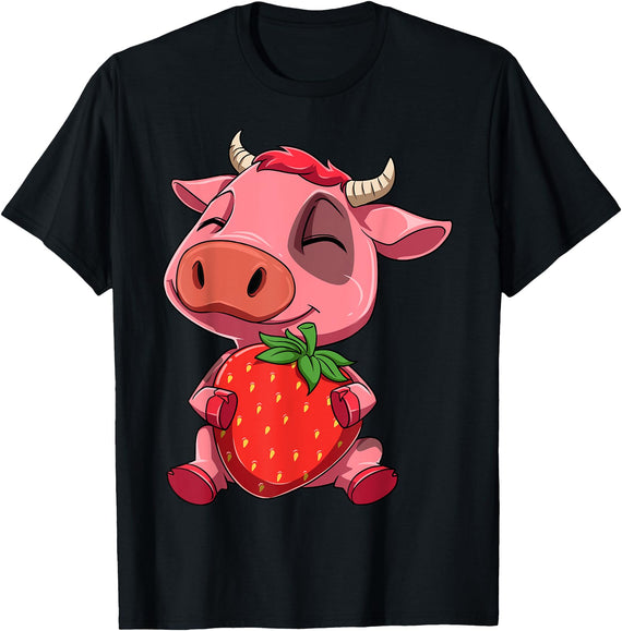 Cow With Strawberry Cute Pink Cow And Strawberry Cow Pink Cow Hugging Strawberry T-Shirt - Black