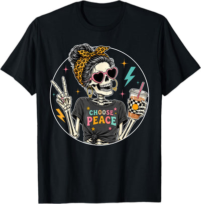 Coffee Lover Messy Bun Skeleton Girl Women Tee Messy Bun Skeleton Drinking Coffee Funny Graphic for Women T-Shirt