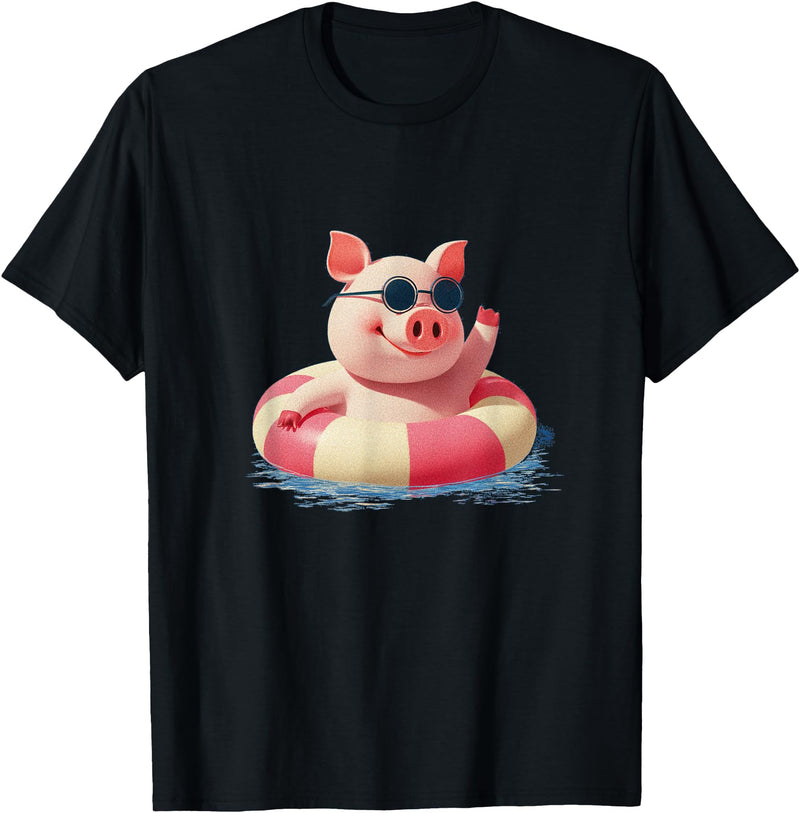 Vacation Pig Outfit Pig Sunglasses Graphic with Beach Ring T-Shirt - Black