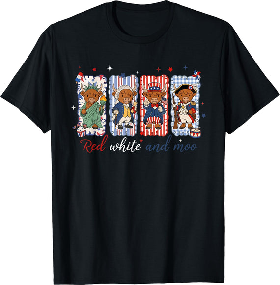 Red White Moo Patriotic Highland Cow Red White and Moo Highland Cow USA 4th of July 250th Years T-Shirt - Black