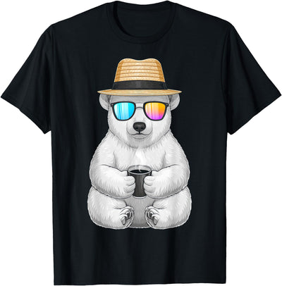 Coffee Polar Bear Animal Sunglasses Print T-Shirt