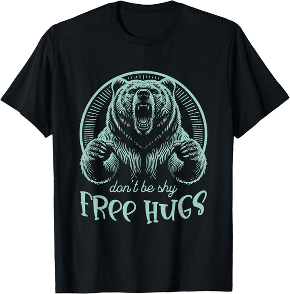 Hugging Family & Relations s Gifts & Apparel 'FREE-Hugs' s Grizzly Bear s 'Woodcut Style' T-Shirt - Black