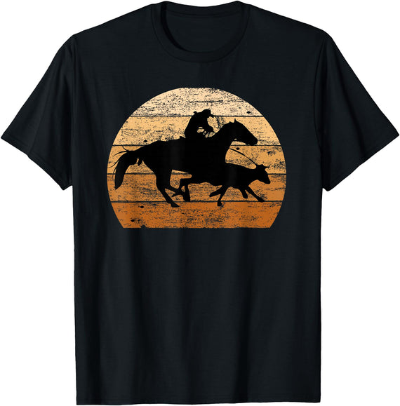 Roping Rodeo Shirts and Gift Co. Brown Distressed Style Western Cow Horse Calf Roping T-Shirt - Black