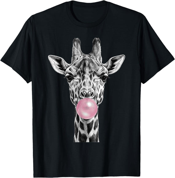 Wild Bubble Art Cool Giraffe Blowing Pink Bubblegum Sketch Art T-Shirt - Black