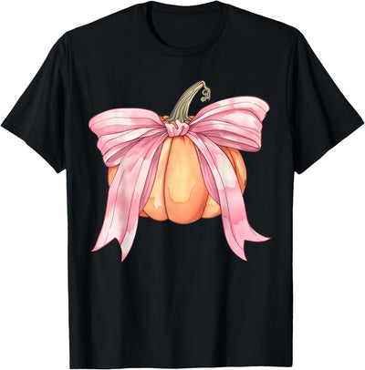 Coquette Halloween Tees NYC Coquette Autumn Pumpkin Pink Bow Girly Halloween Fall Women T-Shirt