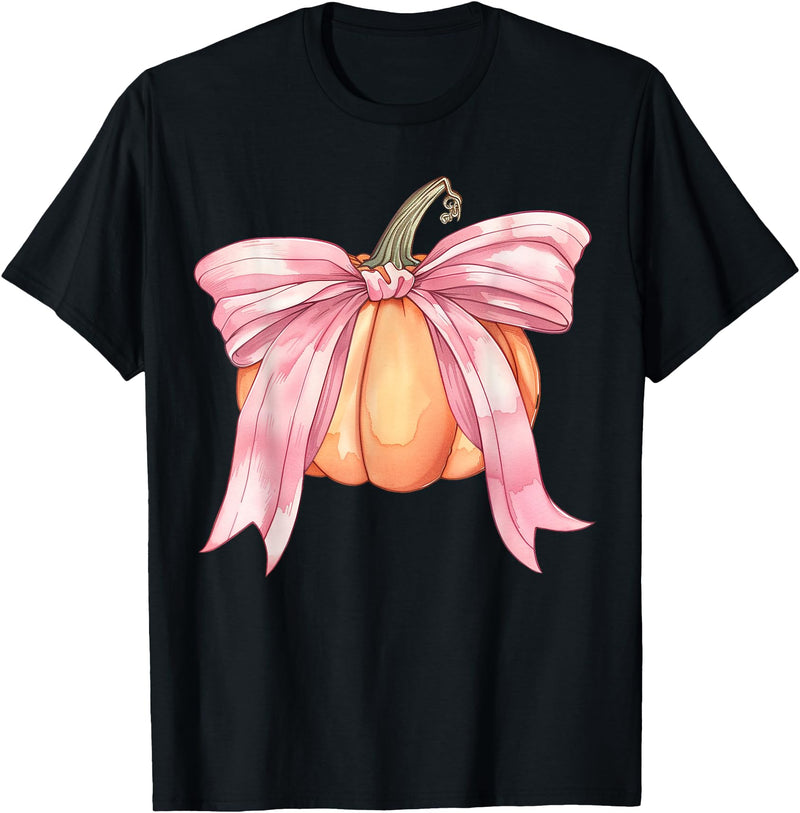 Coquette Halloween Tees NYC Coquette Autumn Pumpkin Pink Bow Girly Halloween Fall Women T-Shirt - Black