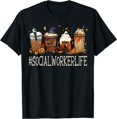 TeeaxArt Coffee Halloween Gifts & Apparel Social Worker Horror Fall Coffee Halloween Pumpkin Autumn T-Shirt