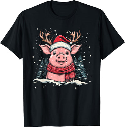 Pig Reindeer Santa Hat Christmas Xmas T-Shirt